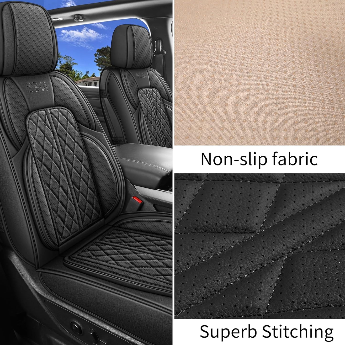 Car Seat Cover Custom Fit for Dodge Ram 1500 2500 3500 2002-2024 Faux Leather Seat Cover Set Compatible with Crew Quad Regular Cab Pickup Truck Cushions (Black, Full Set, Flat Rear)