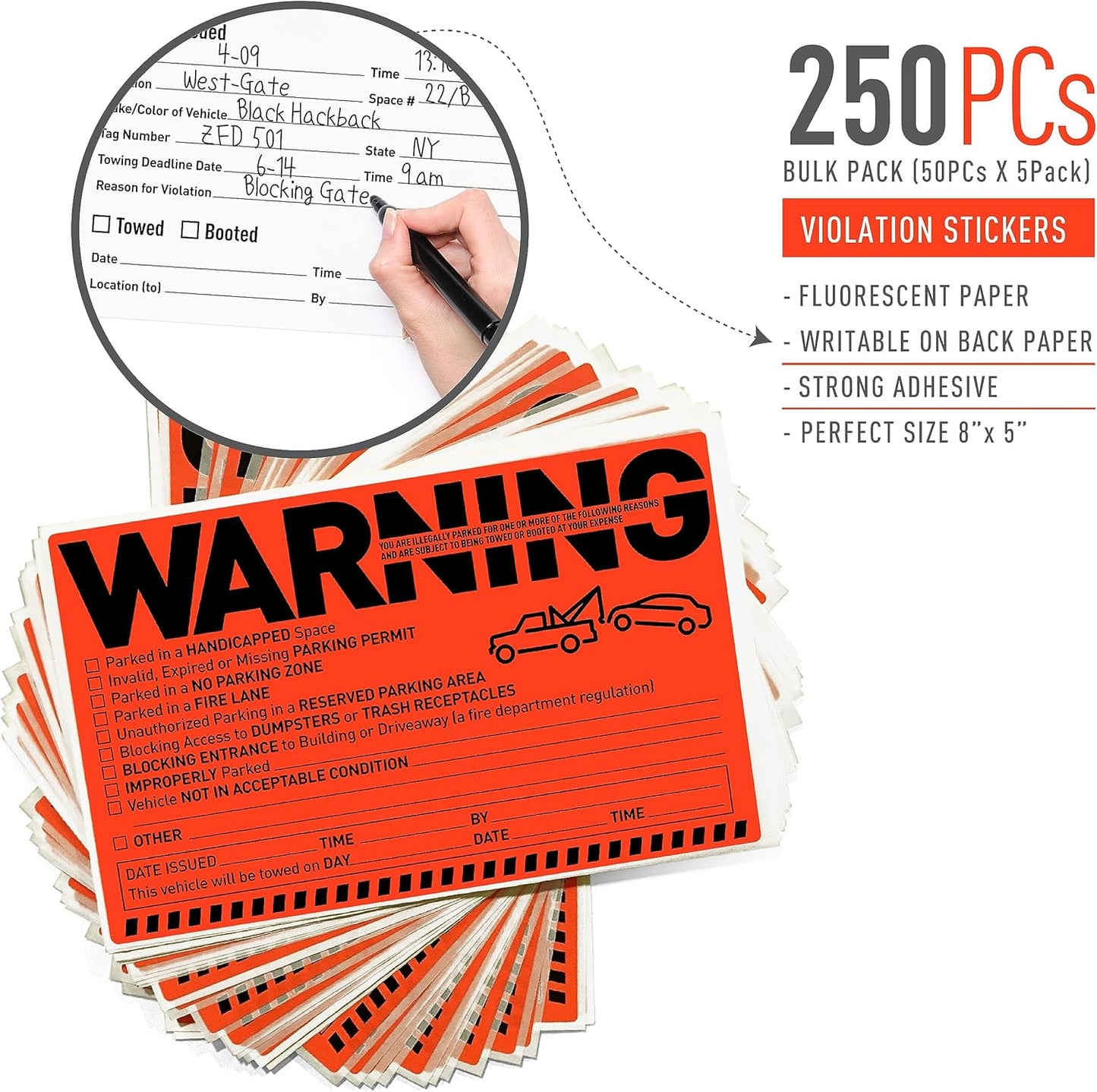 Easykart Labels 250 Parking Violation Notice Tow Stickers for Car Vehicle - Private Parking Warning Adhesive Car Window Fluorescent Labels (5 Pack)
