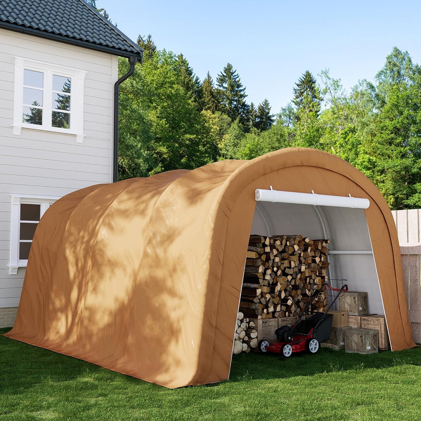 SUNBURY Carport, 10x20 FT Heavy Duty Canopy, Portable Garage with All-Steel Metal Frame & Double Zipper Doors, Round Style Outdoor Storage Shed for Car, Truck, Boat, Patio Furniture, Brown