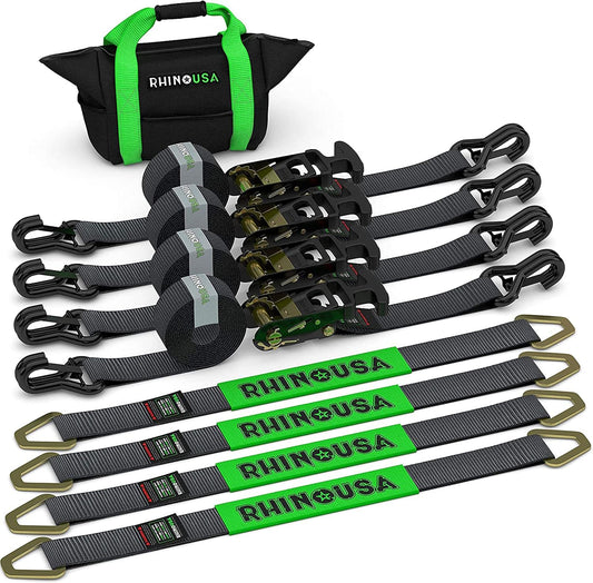 Rhino USA Car Tie Down Straps for Trailers with J Hooks (4-Pack) – 2" x8' (10,000lb Break Strength) – Heavy Duty Car Hauler Tire Straps with Axle Straps for UTV, Powersports & More – Black