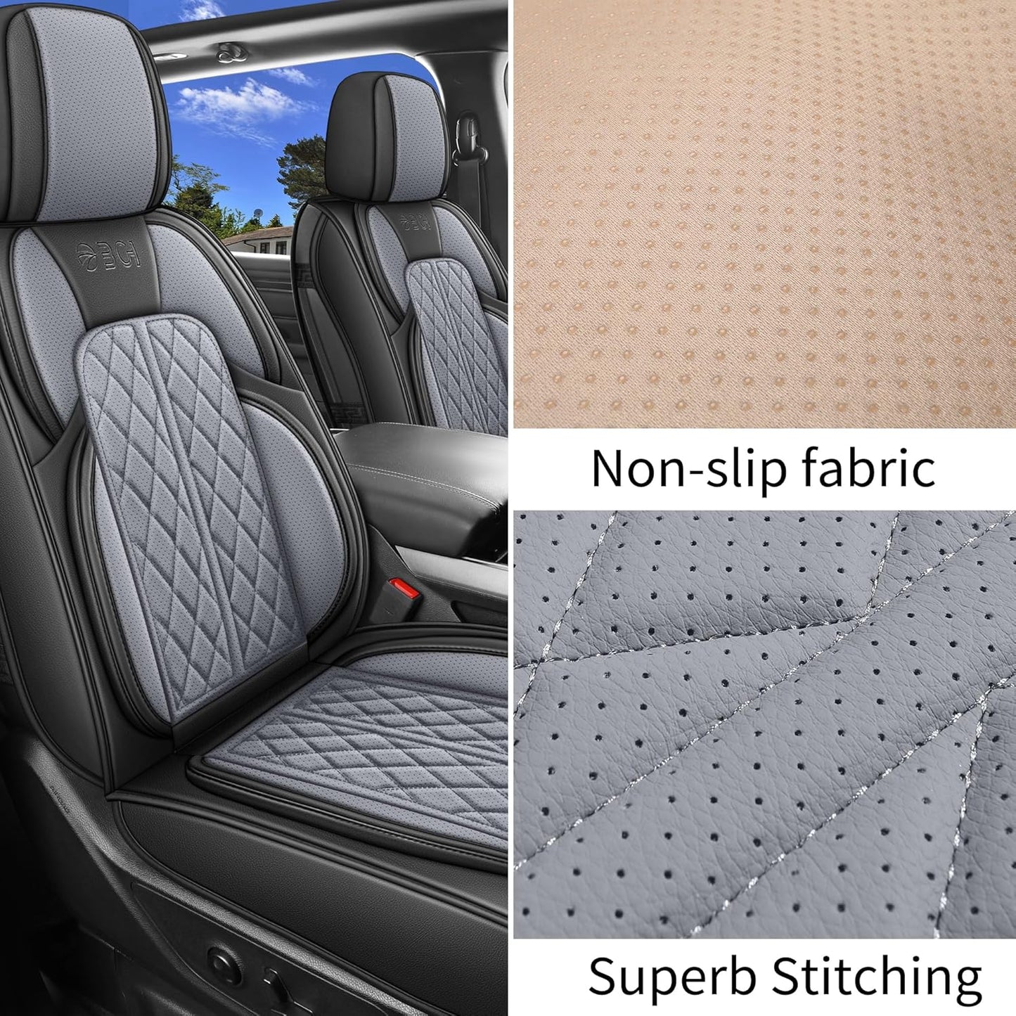 Car Seat Cover Custom Fit for Dodge Ram 1500 2500 3500 2002-2024 Faux Leather Seat Cover Set Compatible with Crew Quad Regular Cab Pickup Truck Cushions (Black & Grey, Full Set, Flat Rear)